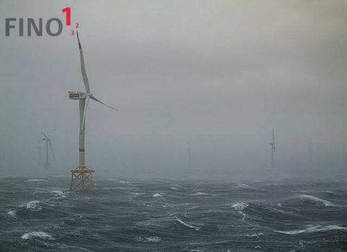 View during storm from FINO1 to the wind farm Alpha Ventus
