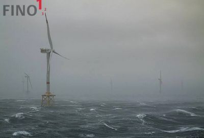 Blick bei Sturm von FINO1 zum Windpark Alpha Ventus